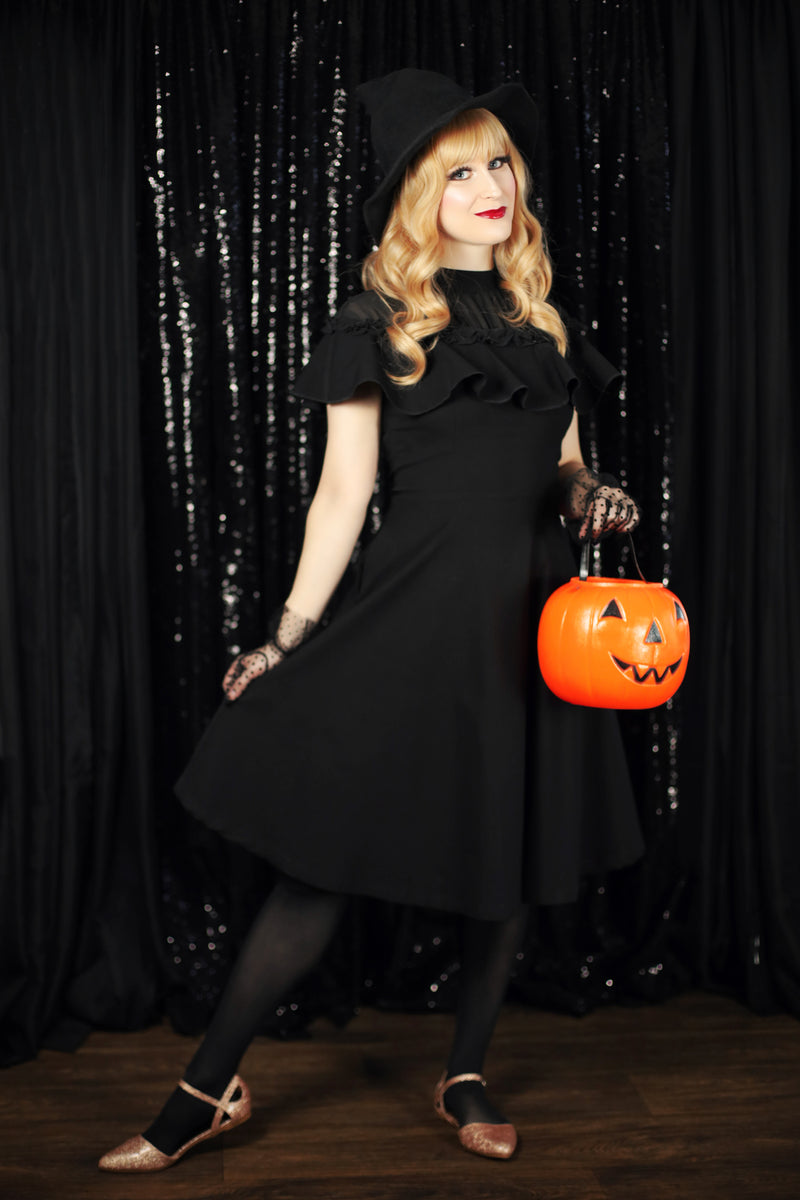 50s Lace Top Bust Ruffle  Black  Swing Dress With Pockets - Gowntownvintage