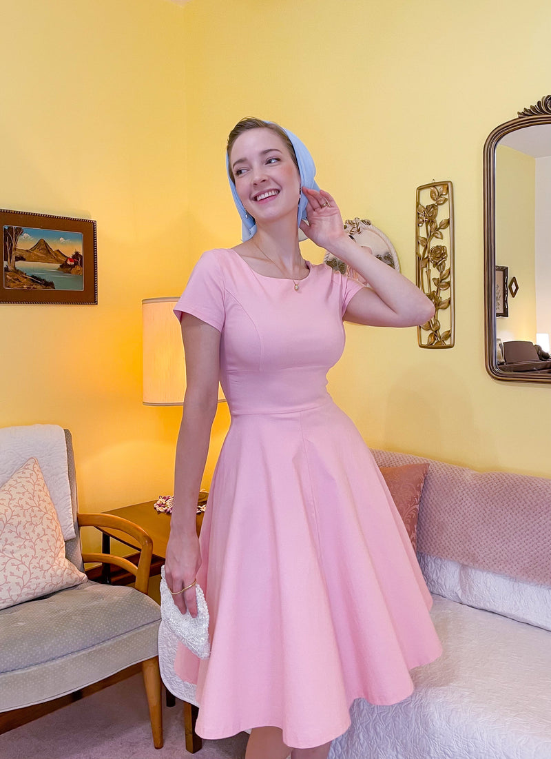 50s Women`s Scoop Collar Audrey Hepburn Style Pink Swing Dress With Pockets - Gowntownvintage
