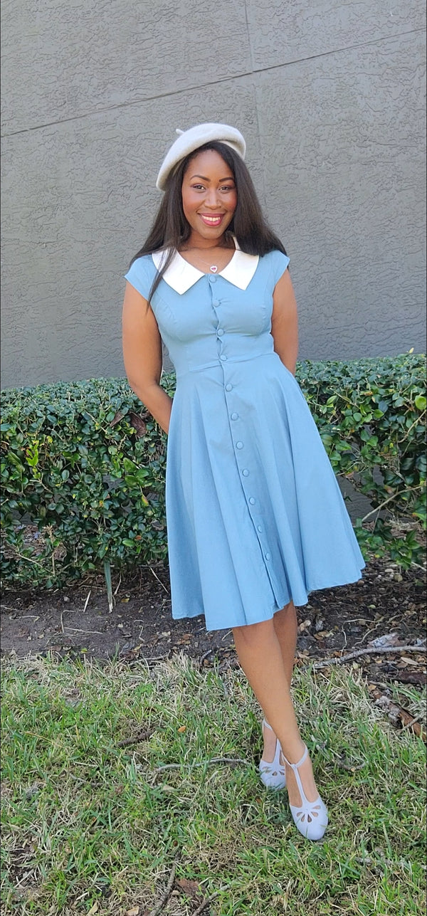 1940s 50s  Peter Pan Collar Blue Shirtwaist Vintage Swing Dress With Pockets - Gowntownvintage