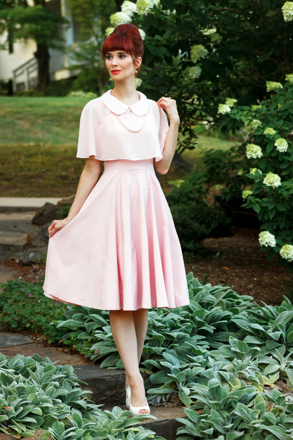 Womens 1950s Pink Sweetheart Neckline Strap Dress With One Chiffon Cloak - Gowntownvintage