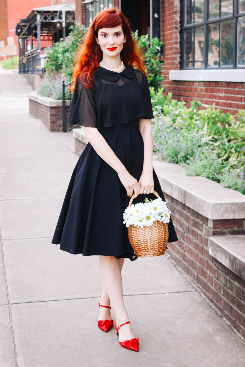 50s black strap dress with removable chiffon cape