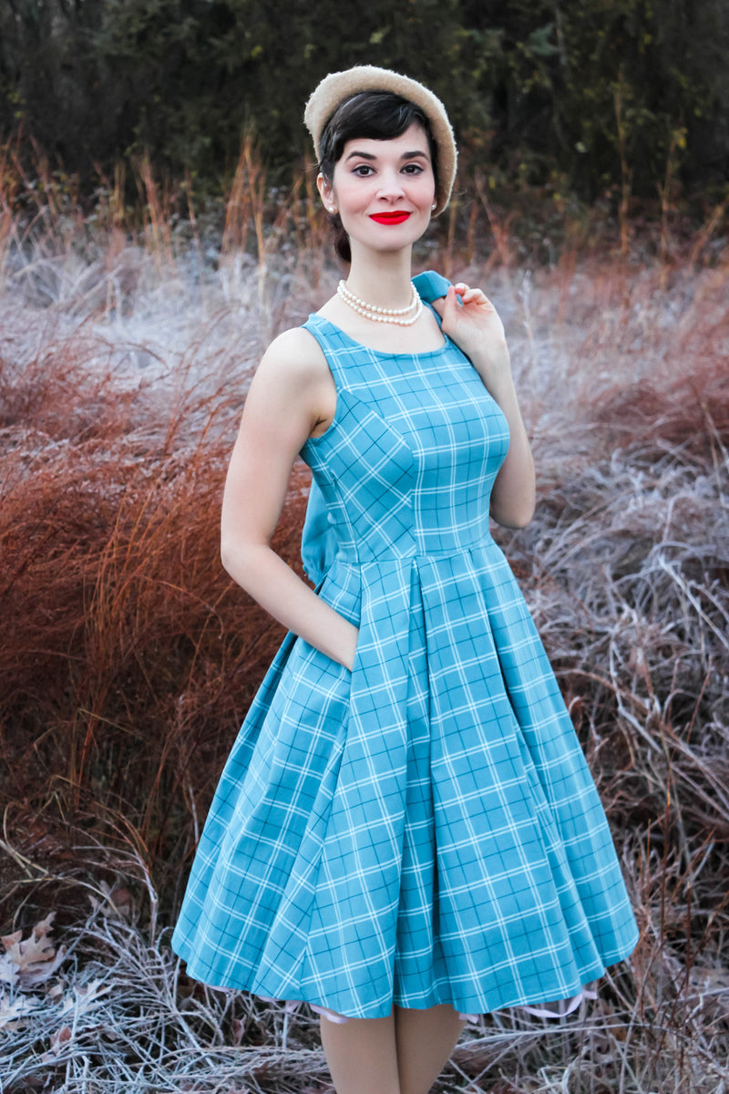 Women`s 1950s Blue Plaid Audrey Hepburn Style Tea Dress With Jacket - Gowntownvintage