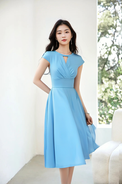 1950s Women`s Lightblue Round Neckline Keyhole Vintage Party Dress