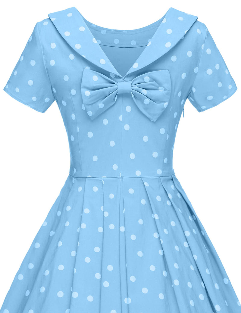Women`s  Vintage Round Collar Roller  Lightblue Polka Dot Dress With Pockets - Gowntownvintage