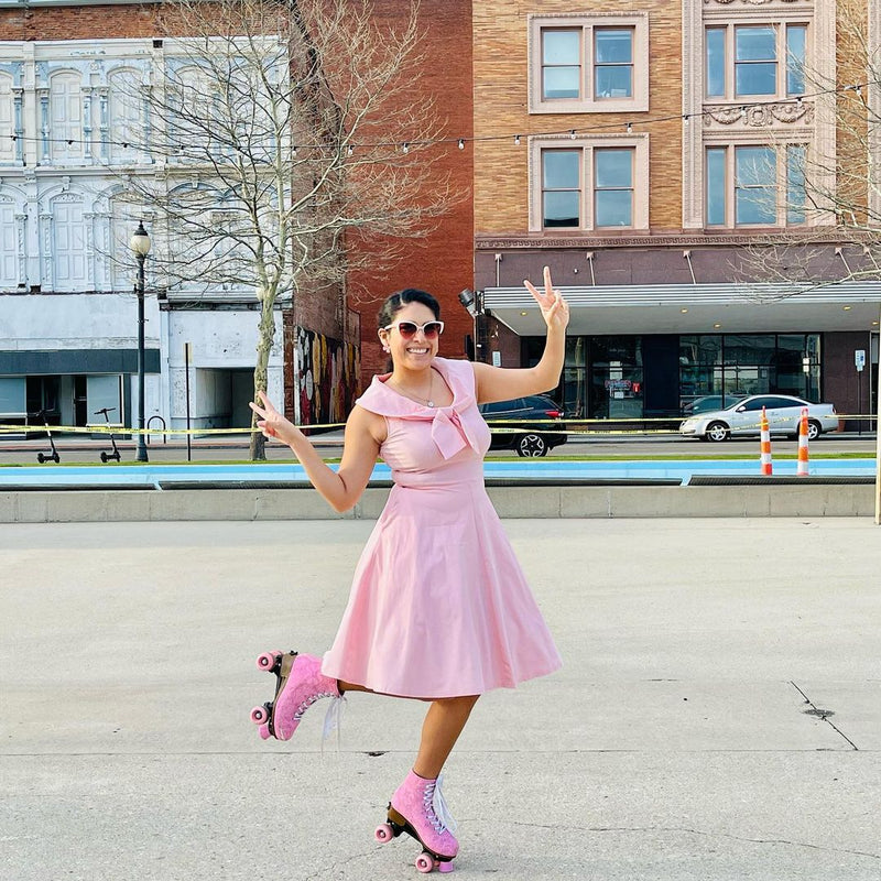 Women`s 50s Bowknot Cape Collar  Pink Casual Swing Party Dress With Pockets - Gowntownvintage