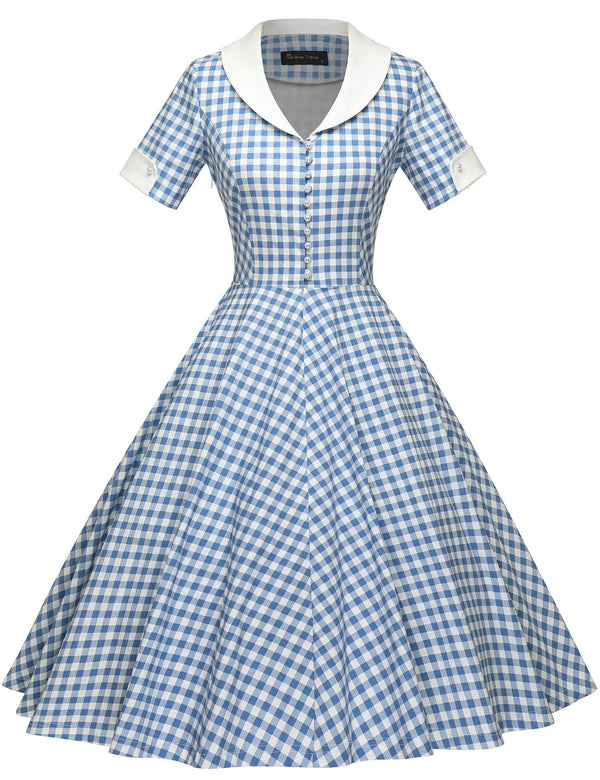 blue plaid vintage shirtwaist dress with pockets