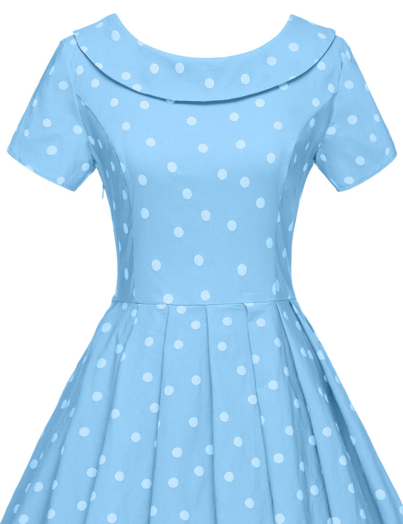 Women`s  Vintage Round Collar Roller  Lightblue Polka Dot Dress With Pockets - Gowntownvintage
