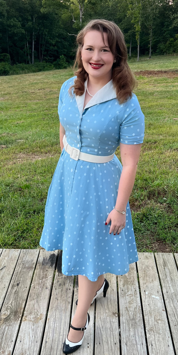 1950s Lapel Collar Vneckline  Lightblue Dot  Shirtwaist Vintage Dress With Belts&Pockets - Gowntownvintage