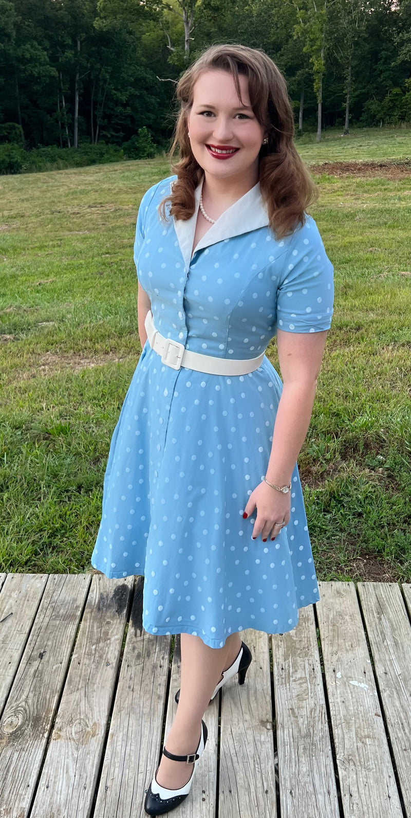1950s Lapel Collar Vneckline  Lightblue Dot  Shirtwaist Vintage Dress With Belts&Pockets - Gowntownvintage