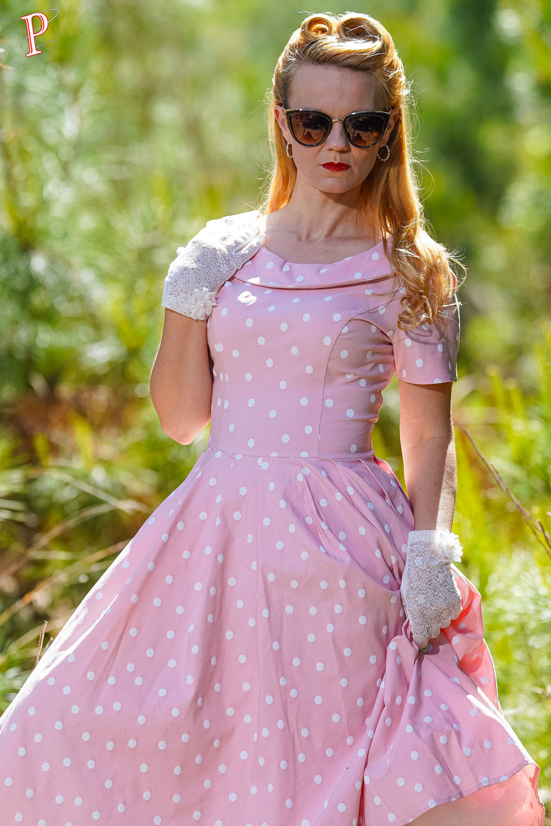 1950s  Pinkdot Roll Collar Swing Dress With Pockets - Gowntownvintage