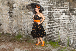 Women`s 1950s  Sweetheart Neckline Gothic Spooky Print  Party Dress With Chiffon Cloak - Gowntownvintage