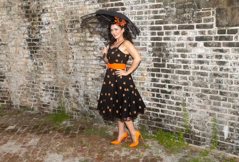 Women`s 1950s  Sweetheart Neckline Gothic Spooky Print  Party Dress With Chiffon Cloak - Gowntownvintage