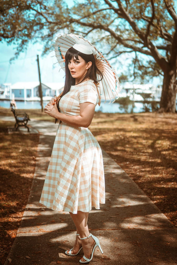 1950s  Yellowplaid Retro Rockabilly  Party Swing Dress With Pockets - Gowntownvintage