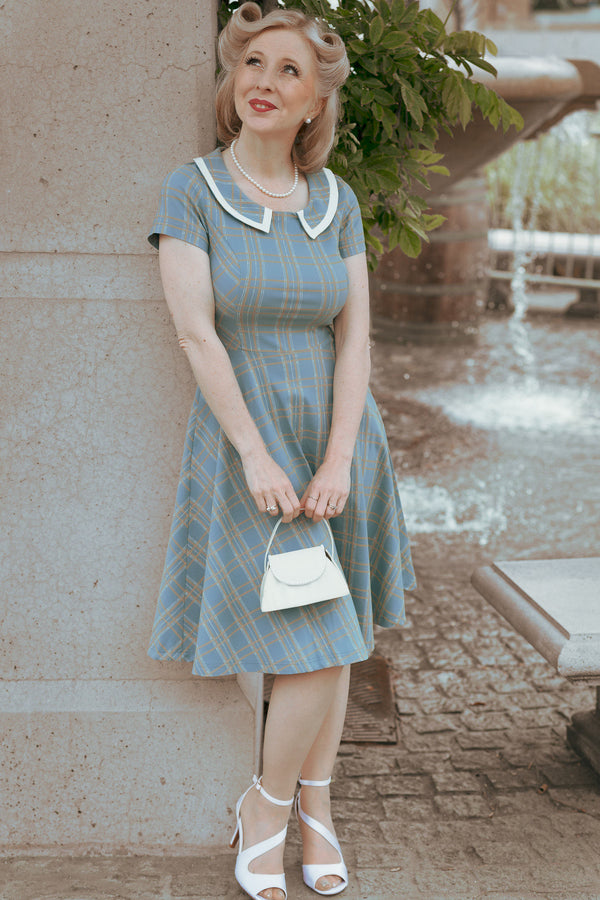 50s Vintage Plaid Peter Pan Collar Swing Dress With Pockets - Gowntownvintage