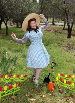 40s 50s Lapel Collar Lightblue Plaid Vneckline Shirtwaist Vintage Dress With Pockets - Gowntownvintage