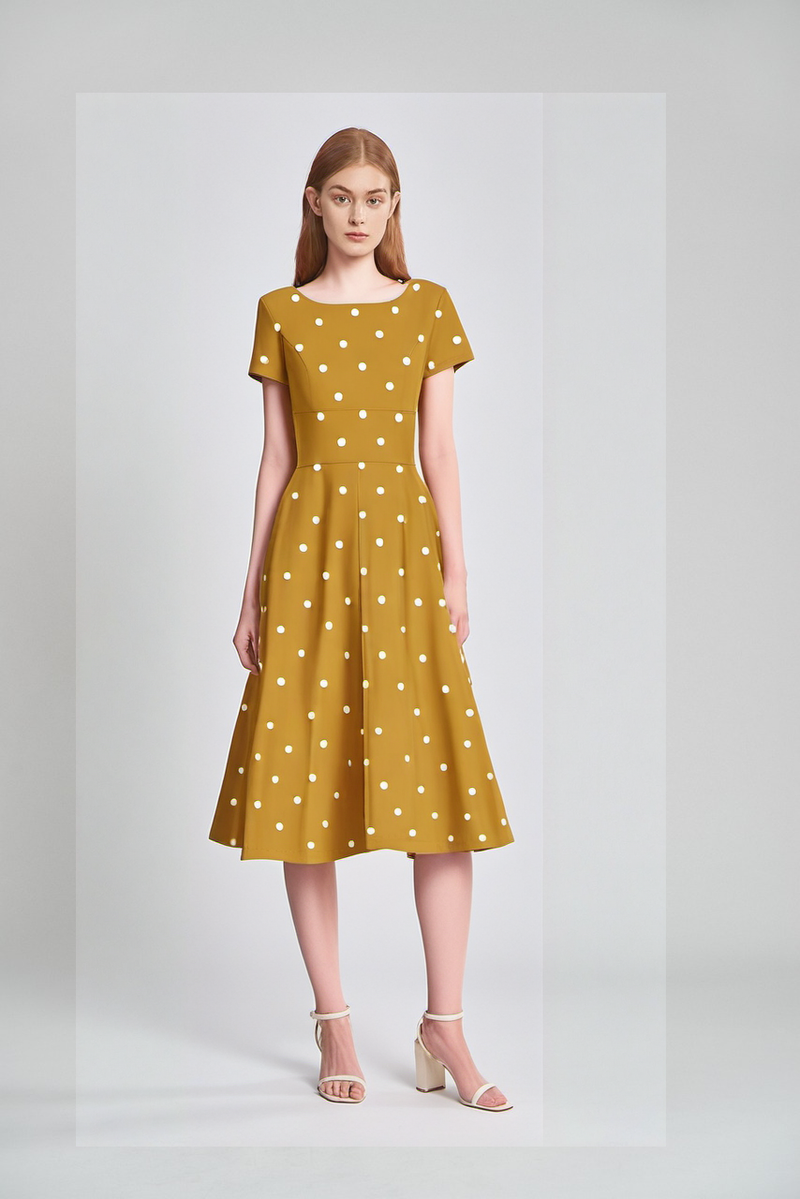 GownTown 50s Women s Scoop Collar Audrey Hepburn Style DarkYellow with White Dot Swing Dress with Pockets Royal Blue with White Polka Dot Large