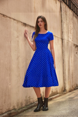 50s Women s Scoop Collar Audrey Hepburn Style Royal Blue With White Dot Swing Dress With Pockets