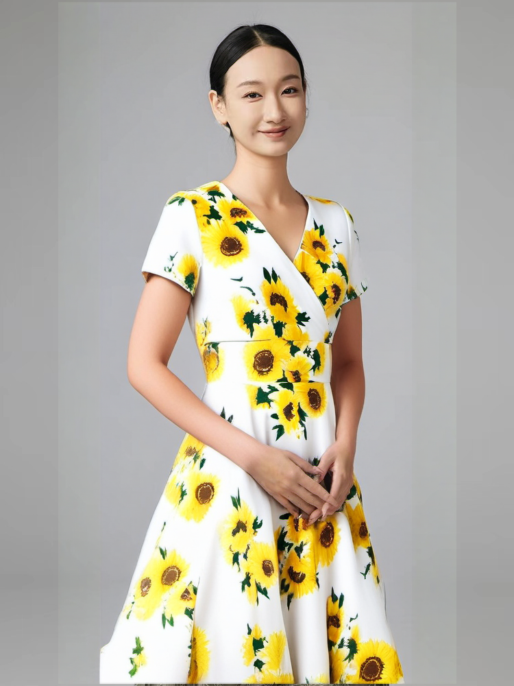 50s  Sunflower Floral Print Vneck  Retro Party Swing Dress With Pockets