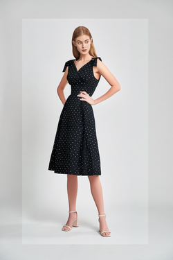 1950s Womens BlackDot Summer Adjustable Strap Dress With Pockets