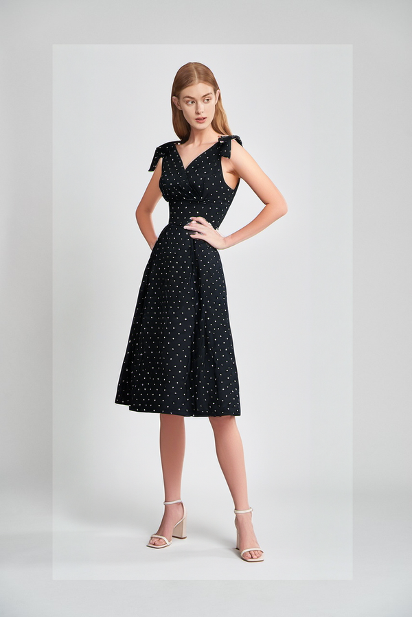 1950s Womens BlackDot Summer Adjustable Strap Dress With Pockets