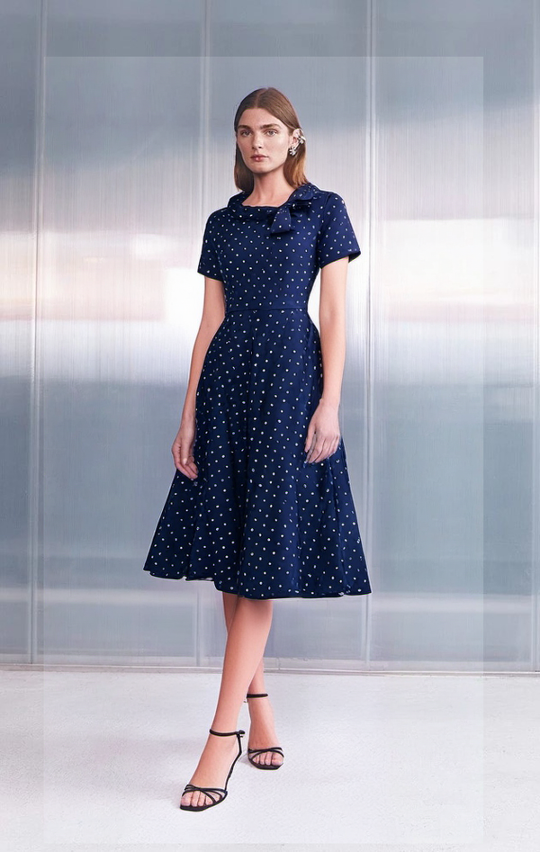 1950s  Vintage Darkbluedot Dress  In  Roller Collar