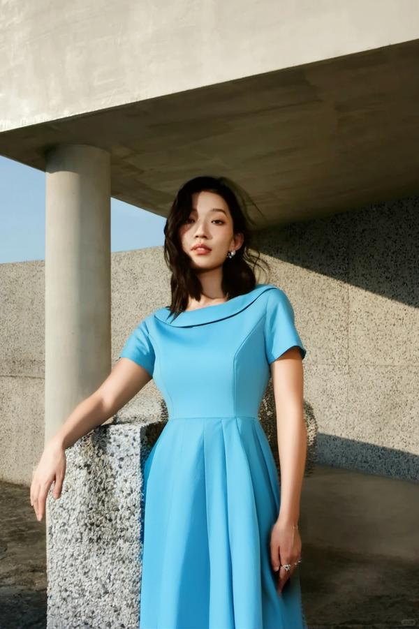 1950s  Skyblue Roll Collar Swing Dress With Pockets