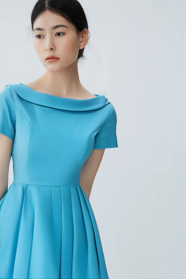 1950s  Skyblue Roll Collar Swing Dress With Pockets