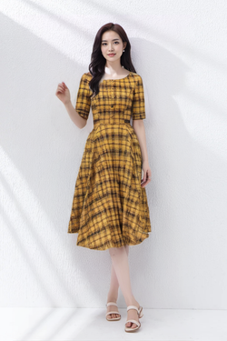 40s Women`s Scoop Collar Plaid Shirtwaist  Swing Dress With Pockets