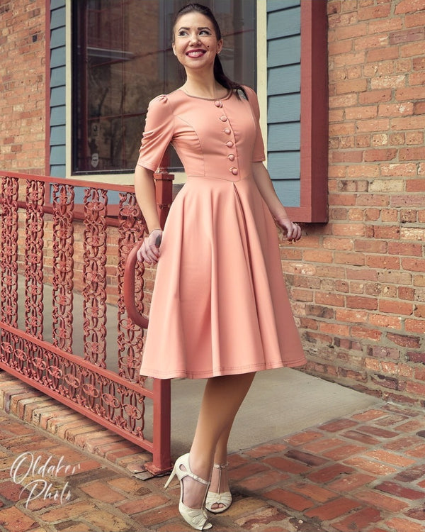 1950s Round Neckline Pink Shirtwaist Swing Vintage Dress With Pockets