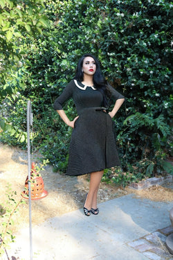 50s Women`s  Blackdot  Peter Pan Collar Long Sleeve Party Dress With Pockets