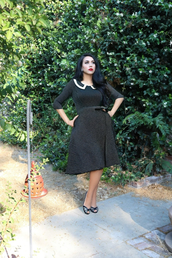 50s Women`s  Blackdot  Peter Pan Collar Long Sleeve Party Dress With Pockets