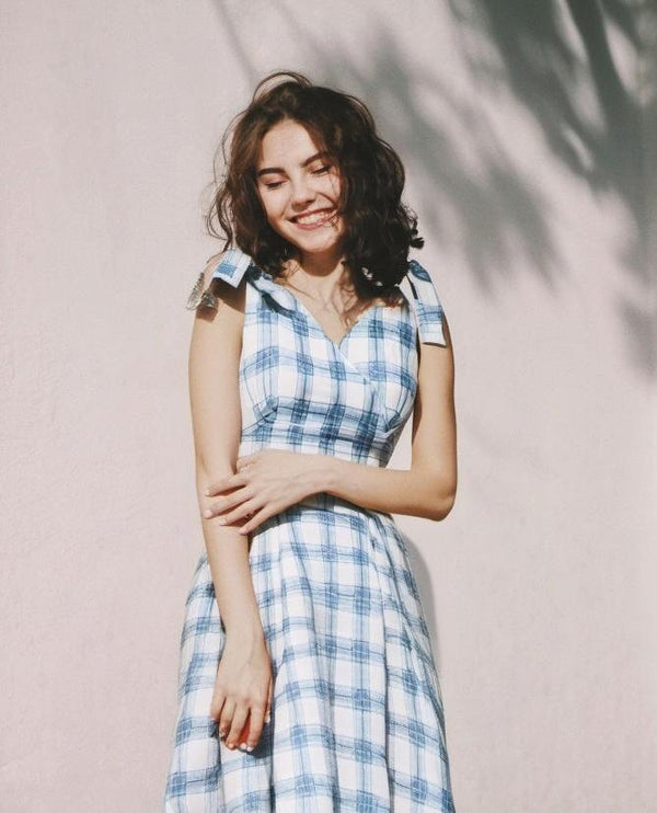 1950s Womens Adjustable Strap Lightblue Plaid  Swing Dress With Pockets