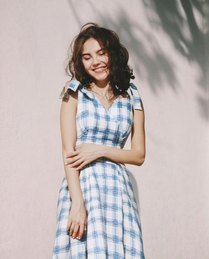 1950s Womens Adjustable Strap Lightblue Plaid  Swing Dress With Pockets