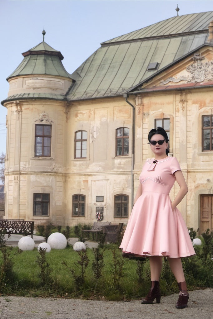 Women`s 50s Pink Inserted V waistline Vintage Party Dress With Pockets