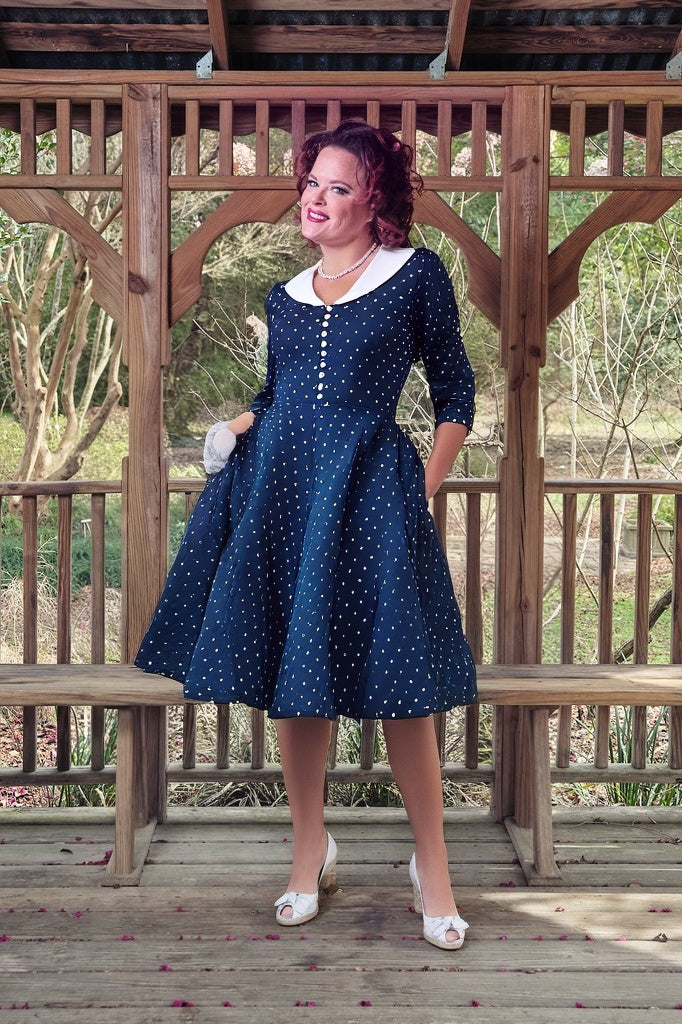 40s 50s Vintage Women`s  Darkbluedot Shawl Collar Vneckline Shirt Dress With Pockets