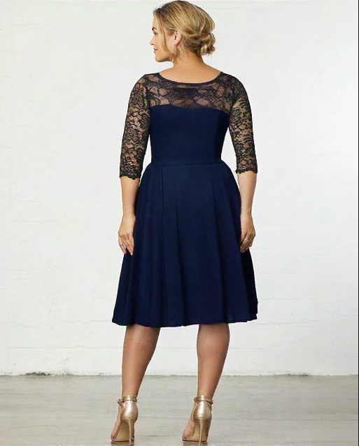 50s Darkblue Semi-transparent Lace Top  Long Sleeve Party Swing Dress With Pockets