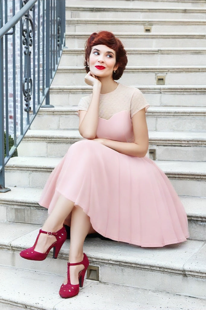 50s  Pink Round Neckline Semi-transparent Lace Top Pink Splicing Party Swing Dress With Pockets