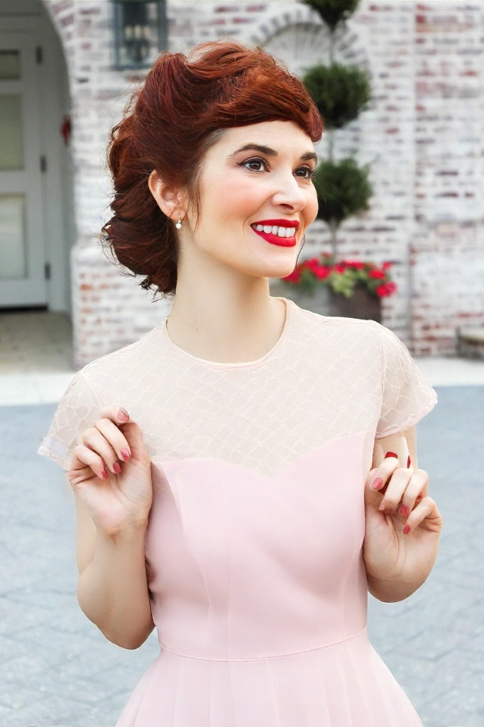 50s  Pink Round Neckline Semi-transparent Lace Top Pink Splicing Party Swing Dress With Pockets