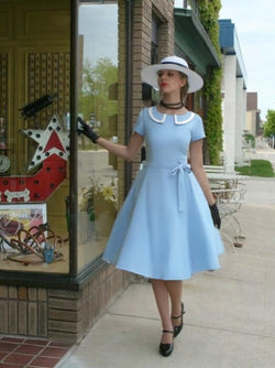 50s  Women`s Retro Dress Boyblue Peter Pan Collar Swing Dress With Pockets