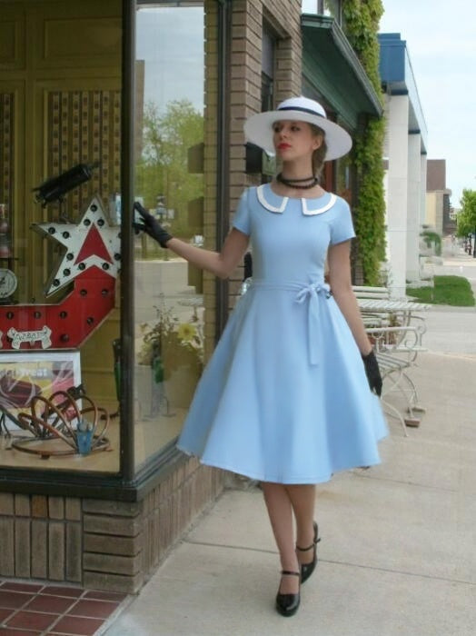 50s  Women`s Retro Dress Boyblue Peter Pan Collar Swing Dress With Pockets