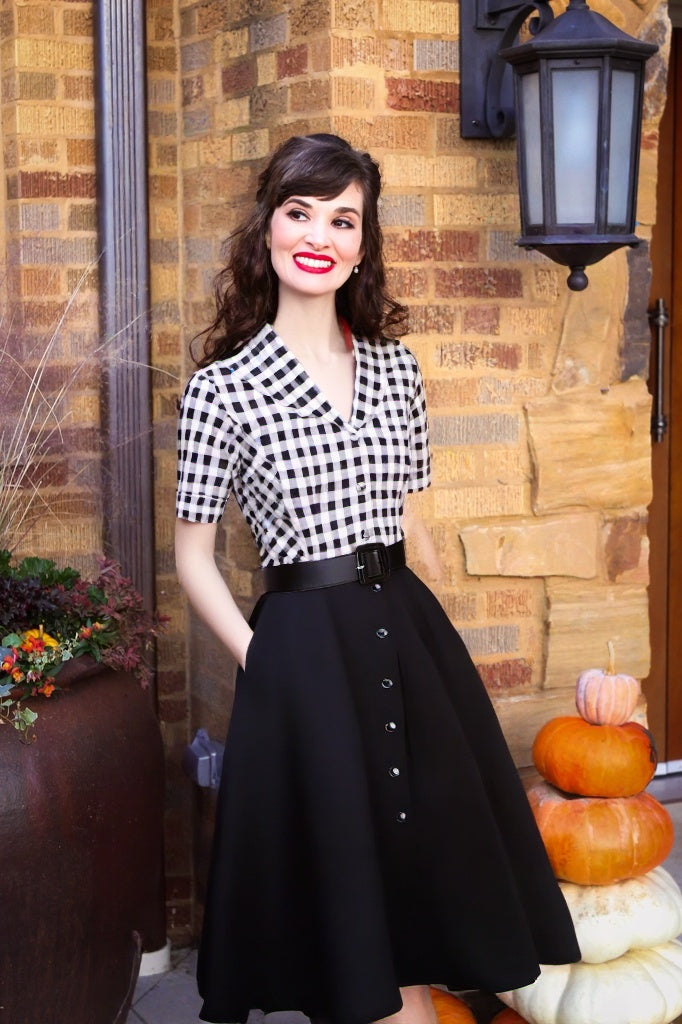 50s Lapel Collar Vneckline  Blackplaid Shirtwaist Vintage Dress With Belts&Pockets