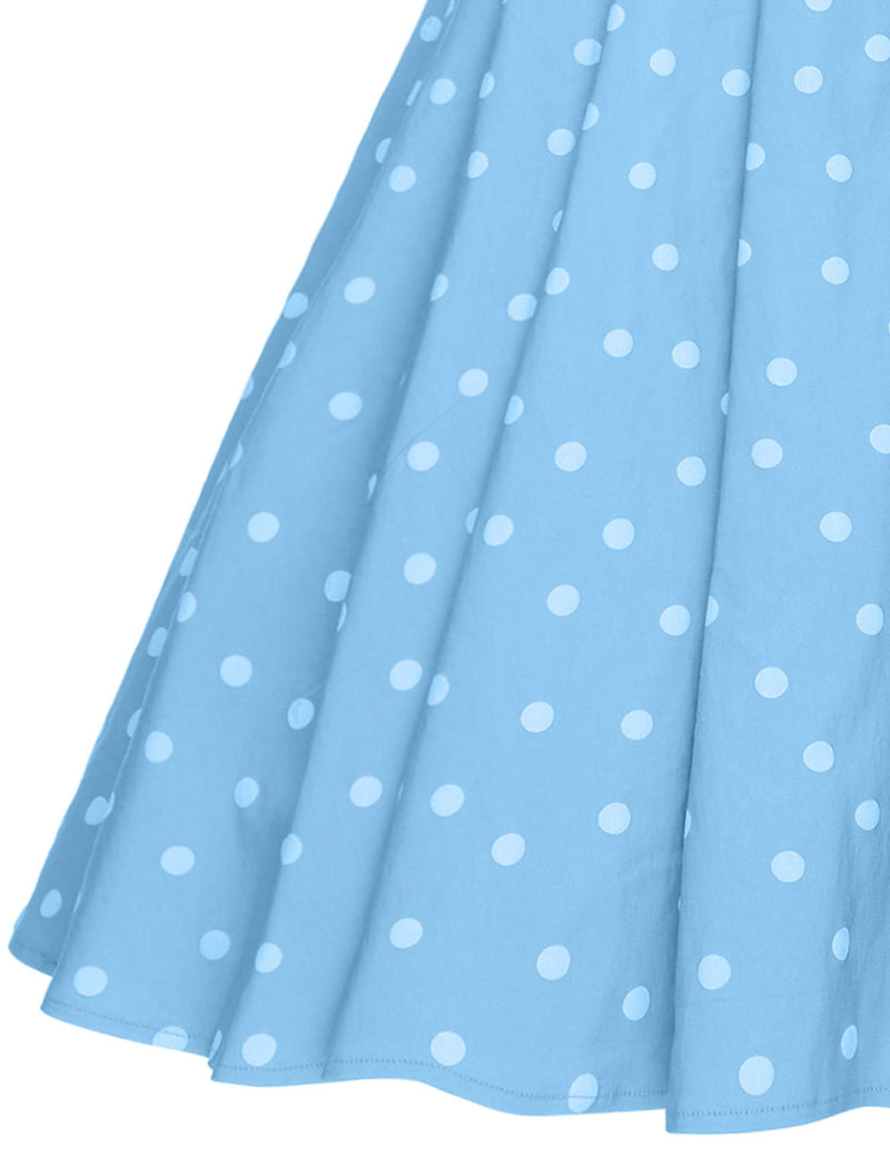 Women`s  Vintage Round Collar Roller  Lightblue Polka Dot Dress With Pockets - Gowntownvintage